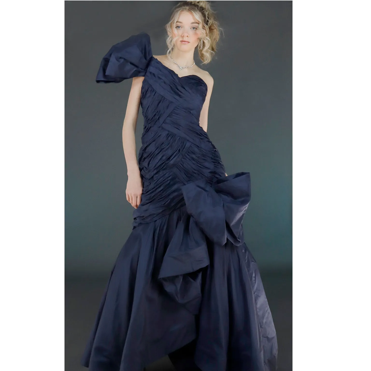 1980s Scaasi Dramatic Pleated Vintage Blue Taffeta Dress W Bows