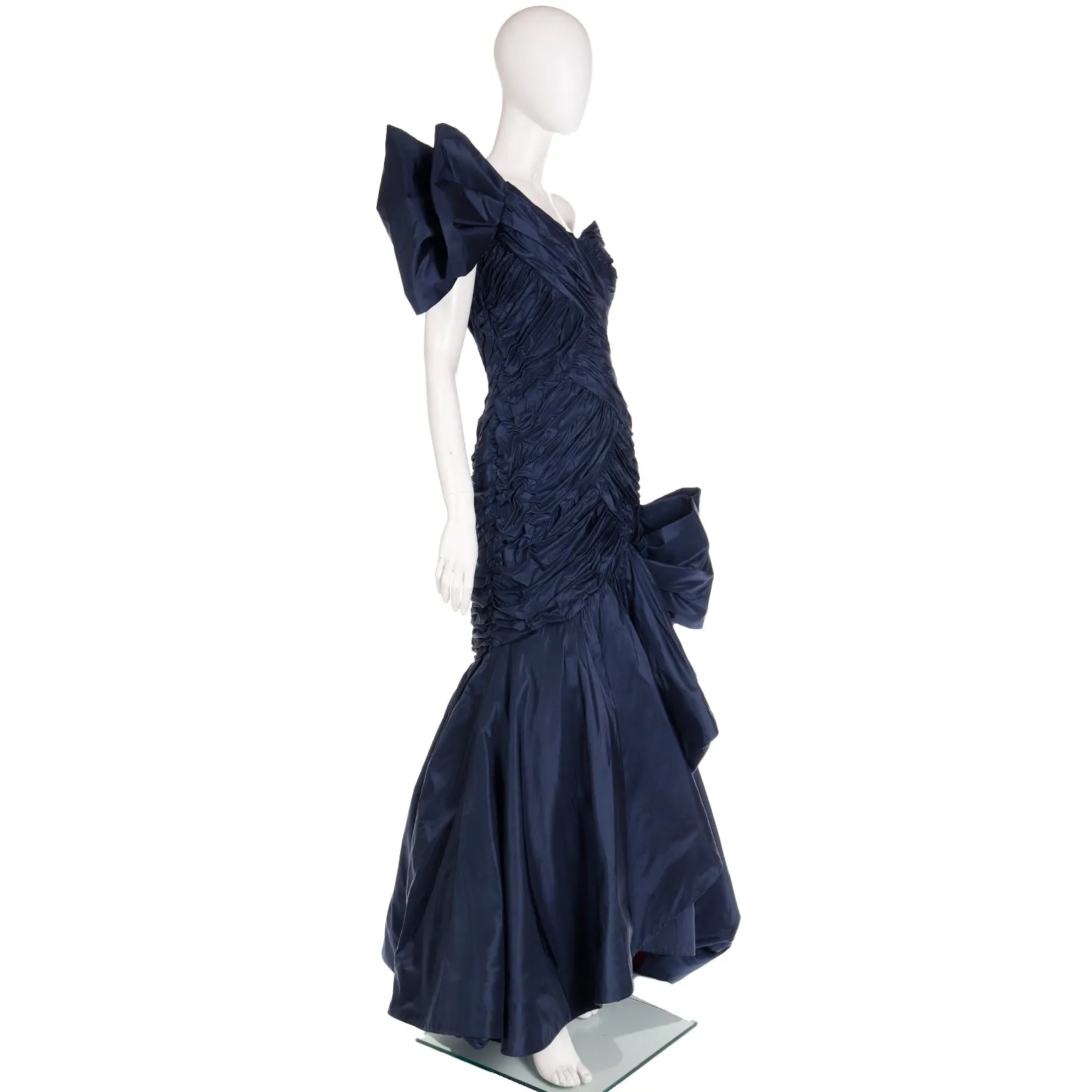 1980s Scaasi Dramatic Pleated Vintage Blue Taffeta Dress W Bows