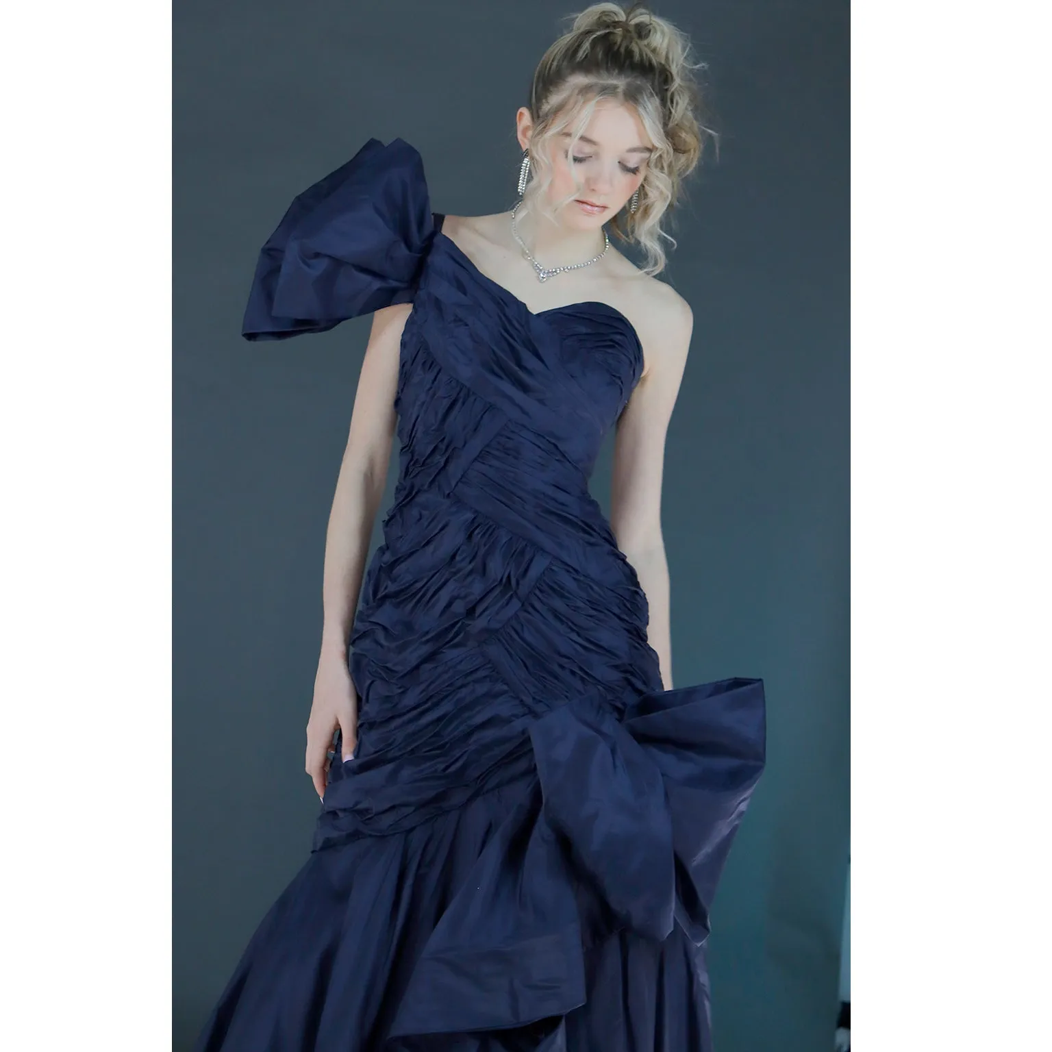 1980s Scaasi Dramatic Pleated Vintage Blue Taffeta Dress W Bows