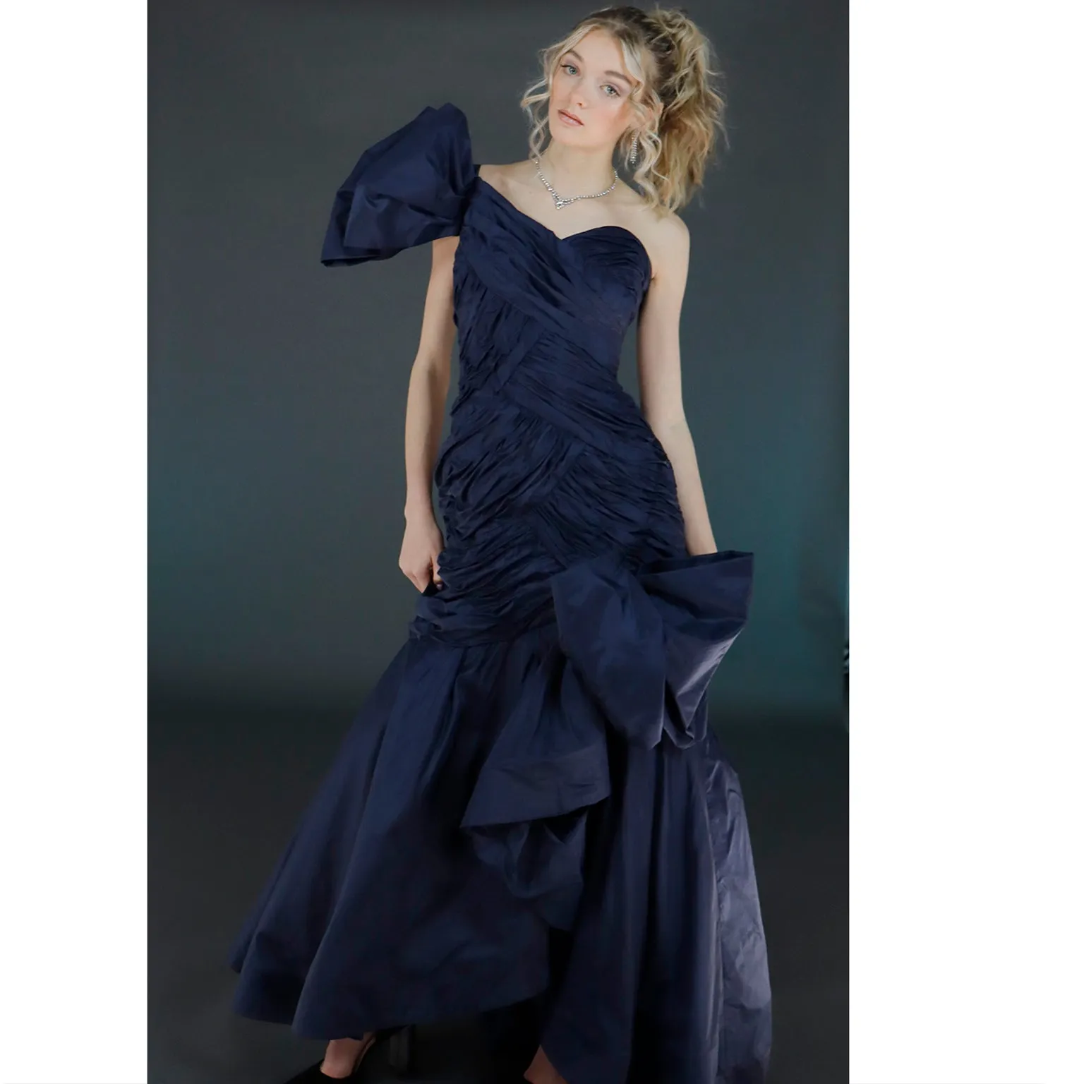 1980s Scaasi Dramatic Pleated Vintage Blue Taffeta Dress W Bows