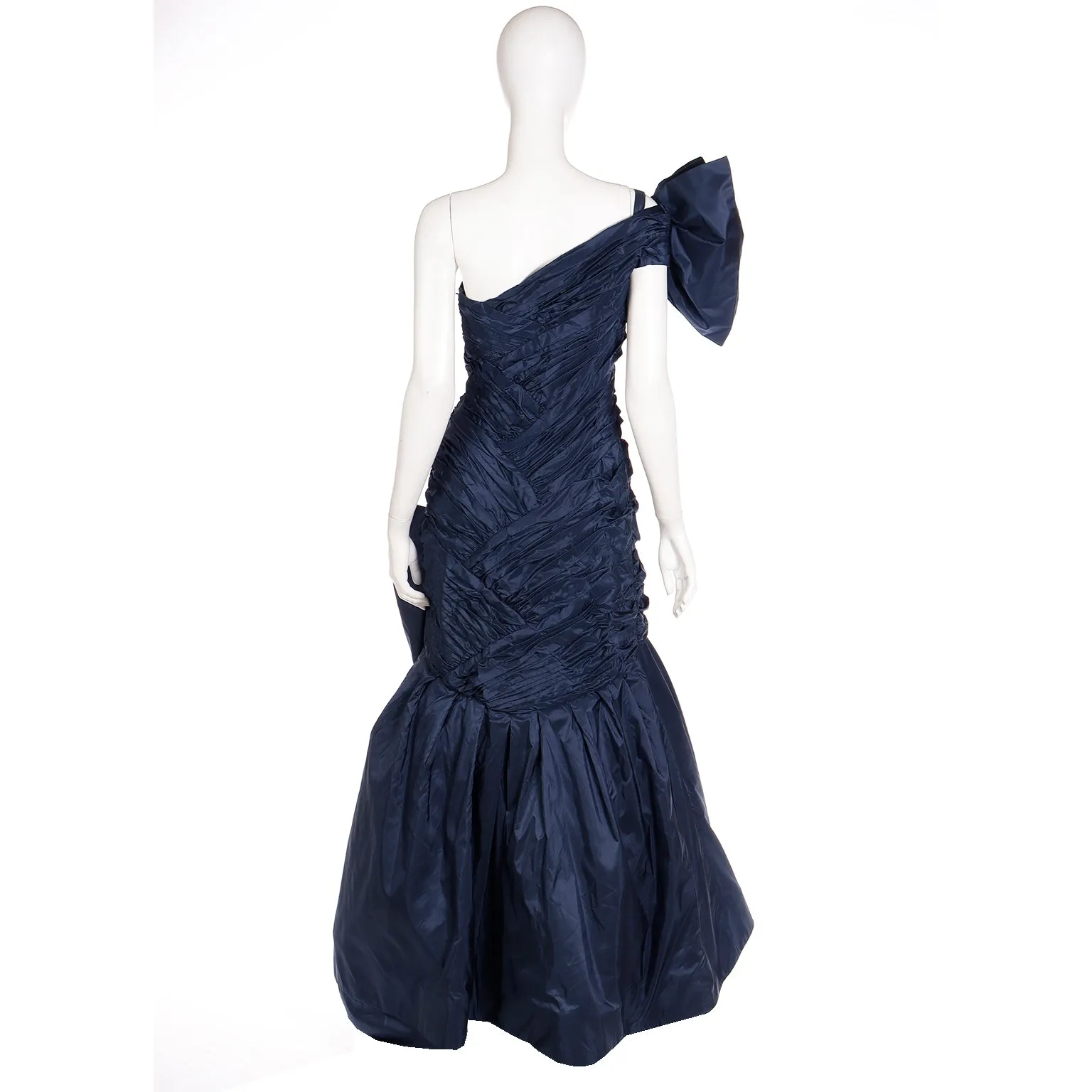 1980s Scaasi Dramatic Pleated Vintage Blue Taffeta Dress W Bows