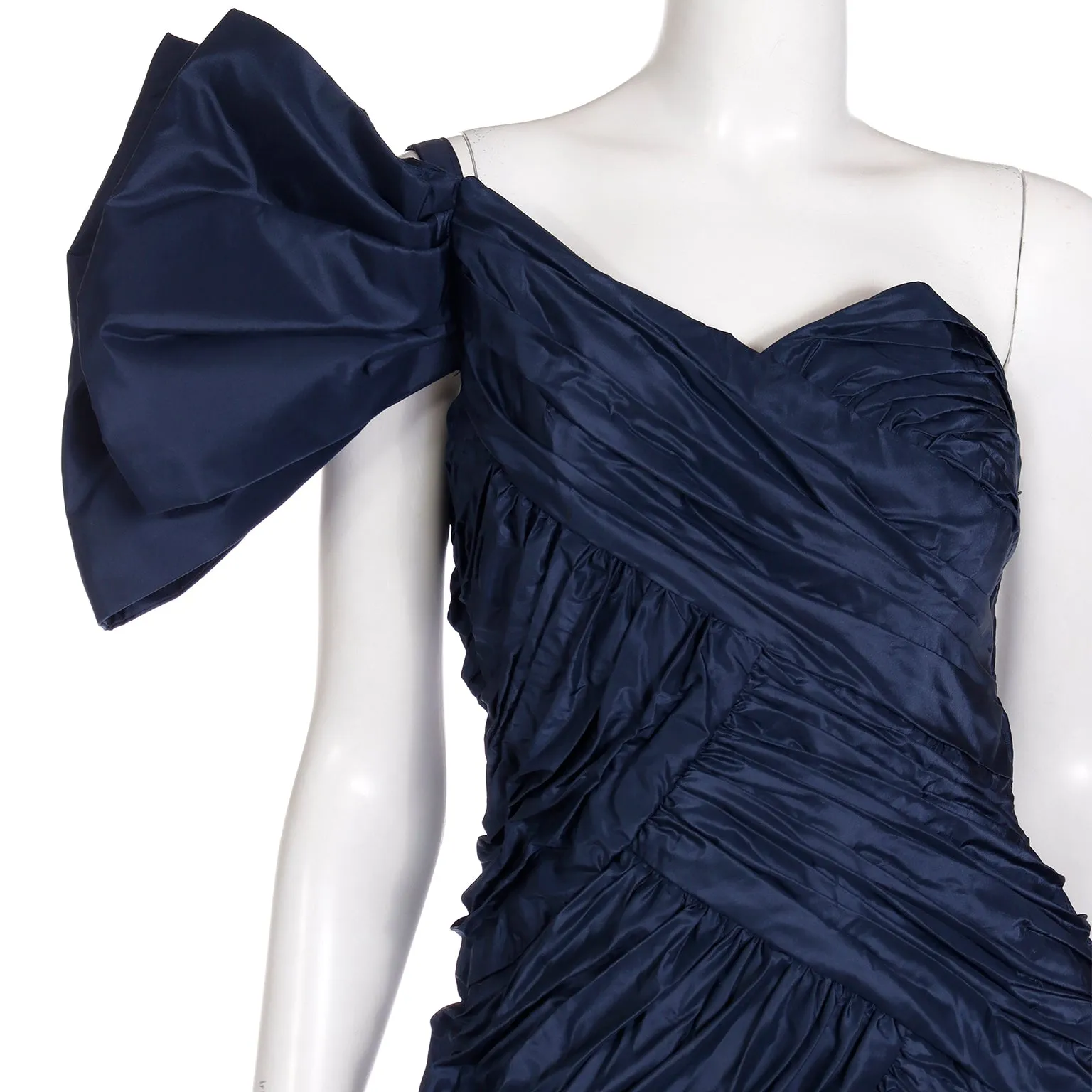 1980s Scaasi Dramatic Pleated Vintage Blue Taffeta Dress W Bows