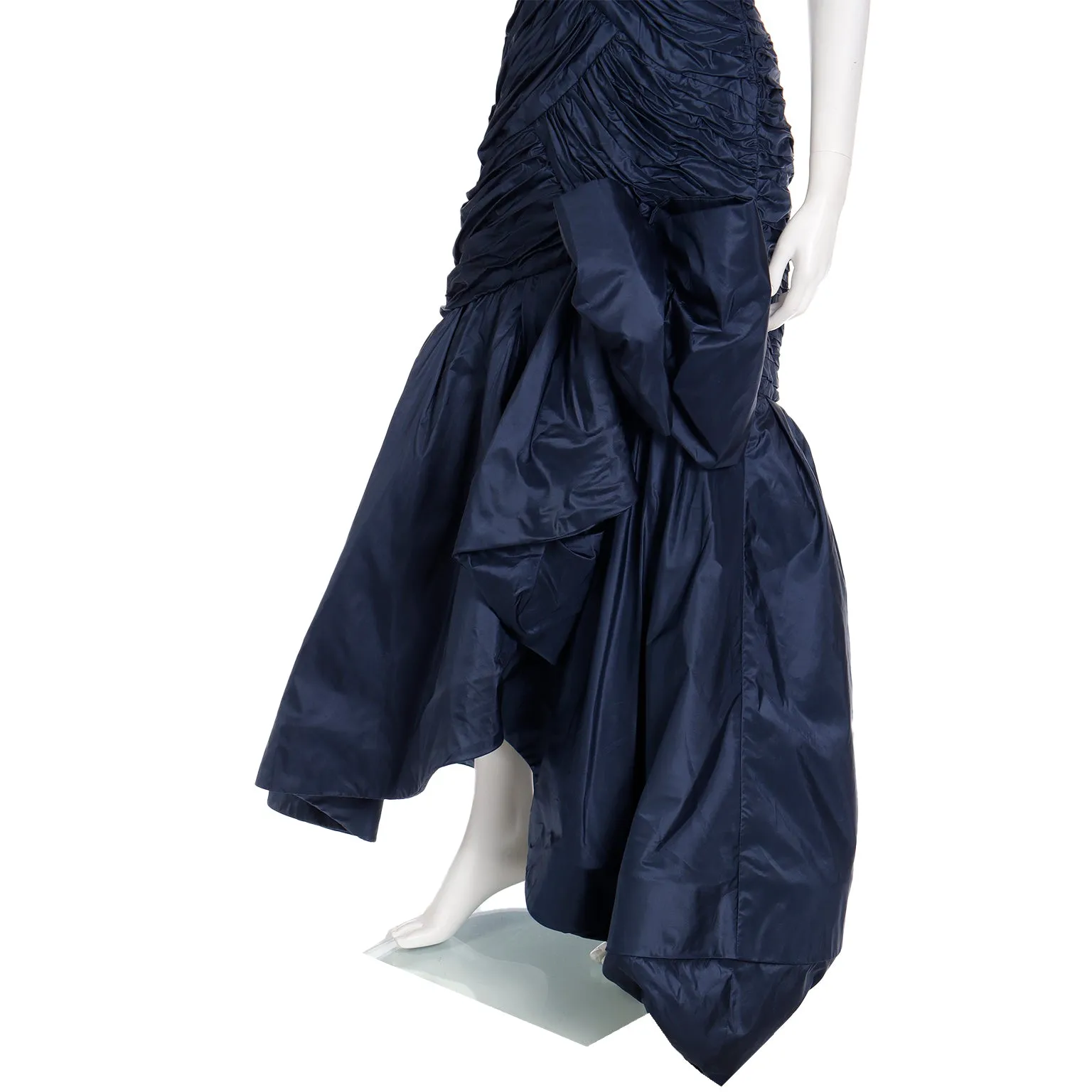 1980s Scaasi Dramatic Pleated Vintage Blue Taffeta Dress W Bows