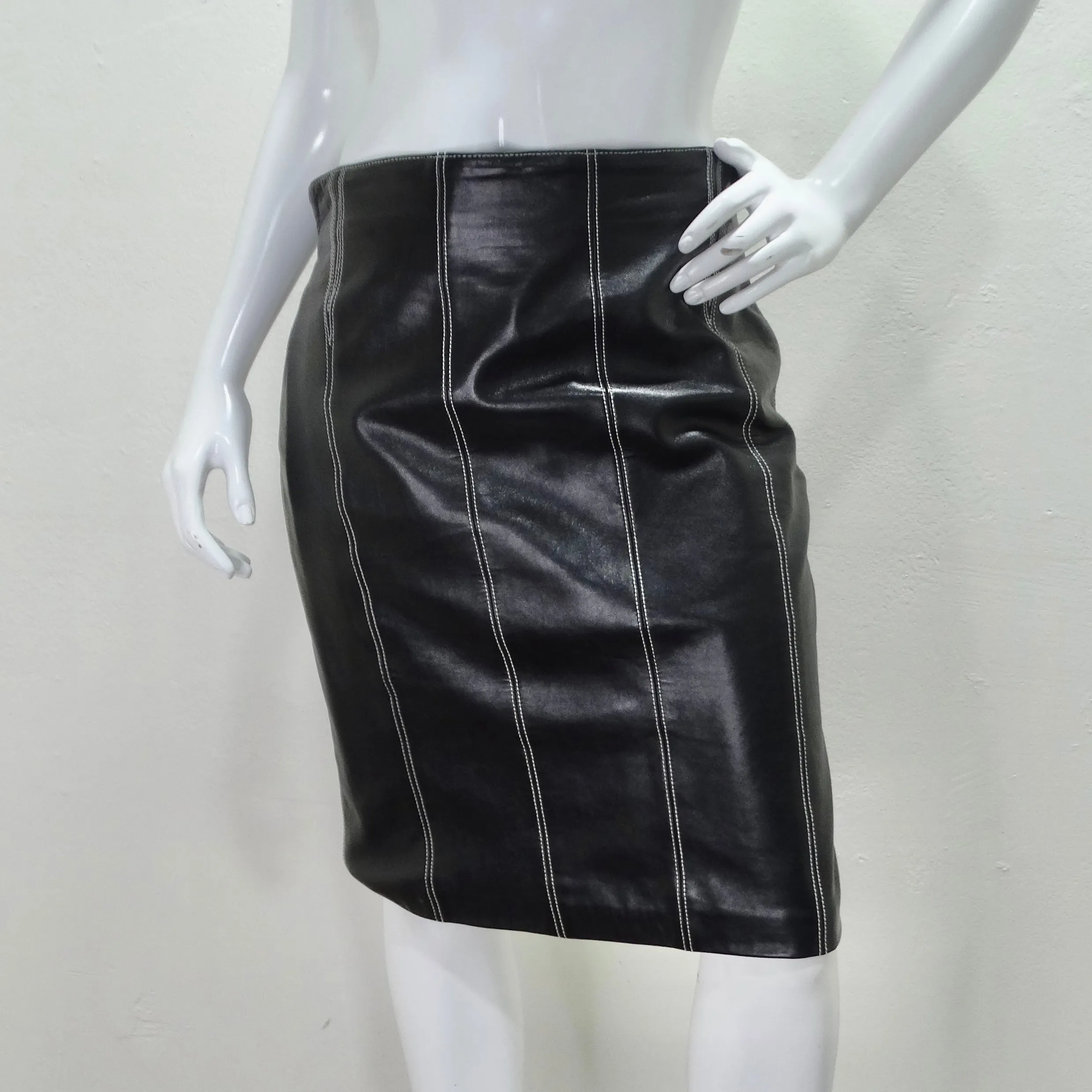 1990s Escada Black Leather Pencil Skirt