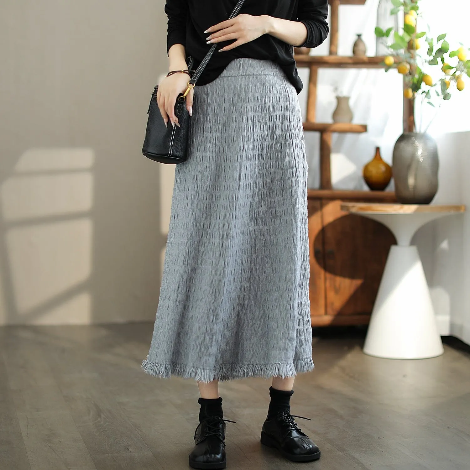 Autumn Casual Minimalist Pleated Tassels Skirt