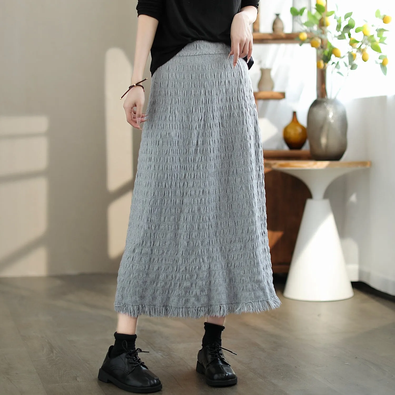 Autumn Casual Minimalist Pleated Tassels Skirt