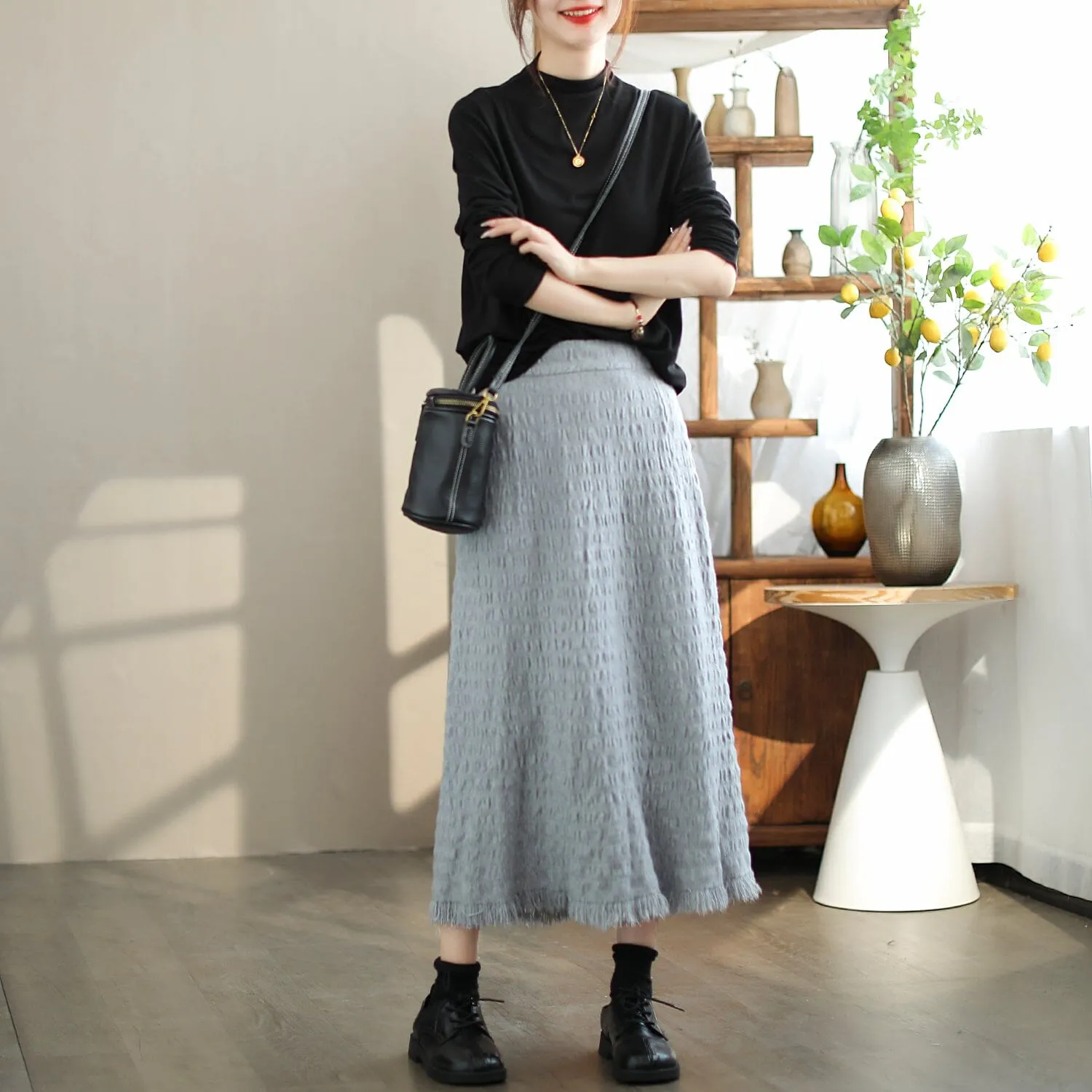 Autumn Casual Minimalist Pleated Tassels Skirt