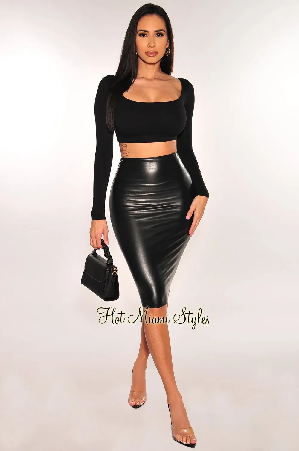 Black Faux Leather High Waist Pencil Skirt