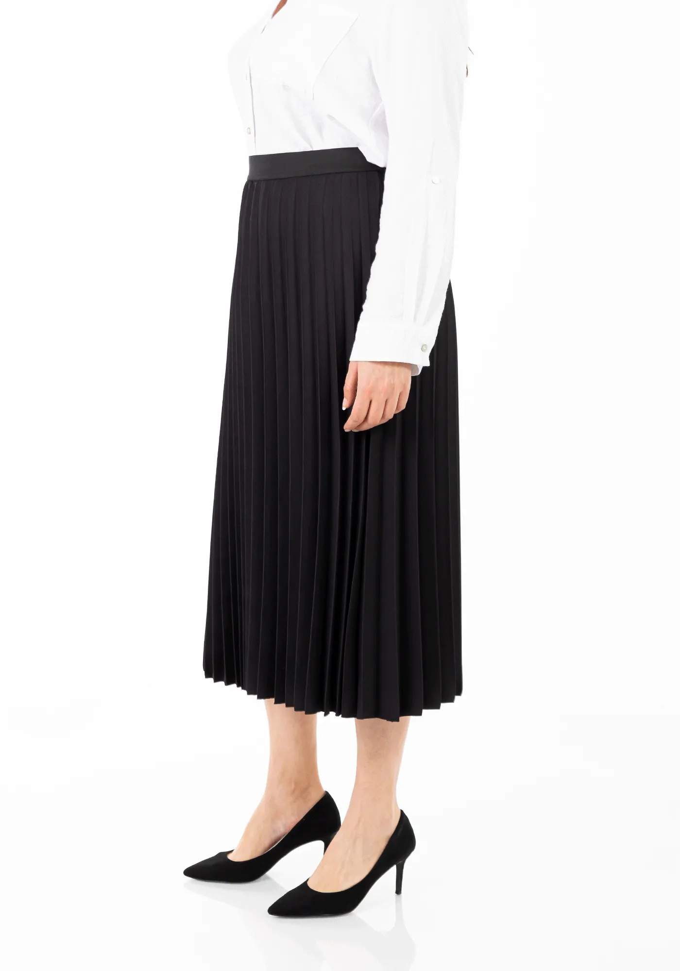 Black Oversized Accordion Plise Midi Pleated Skirt - G-Line