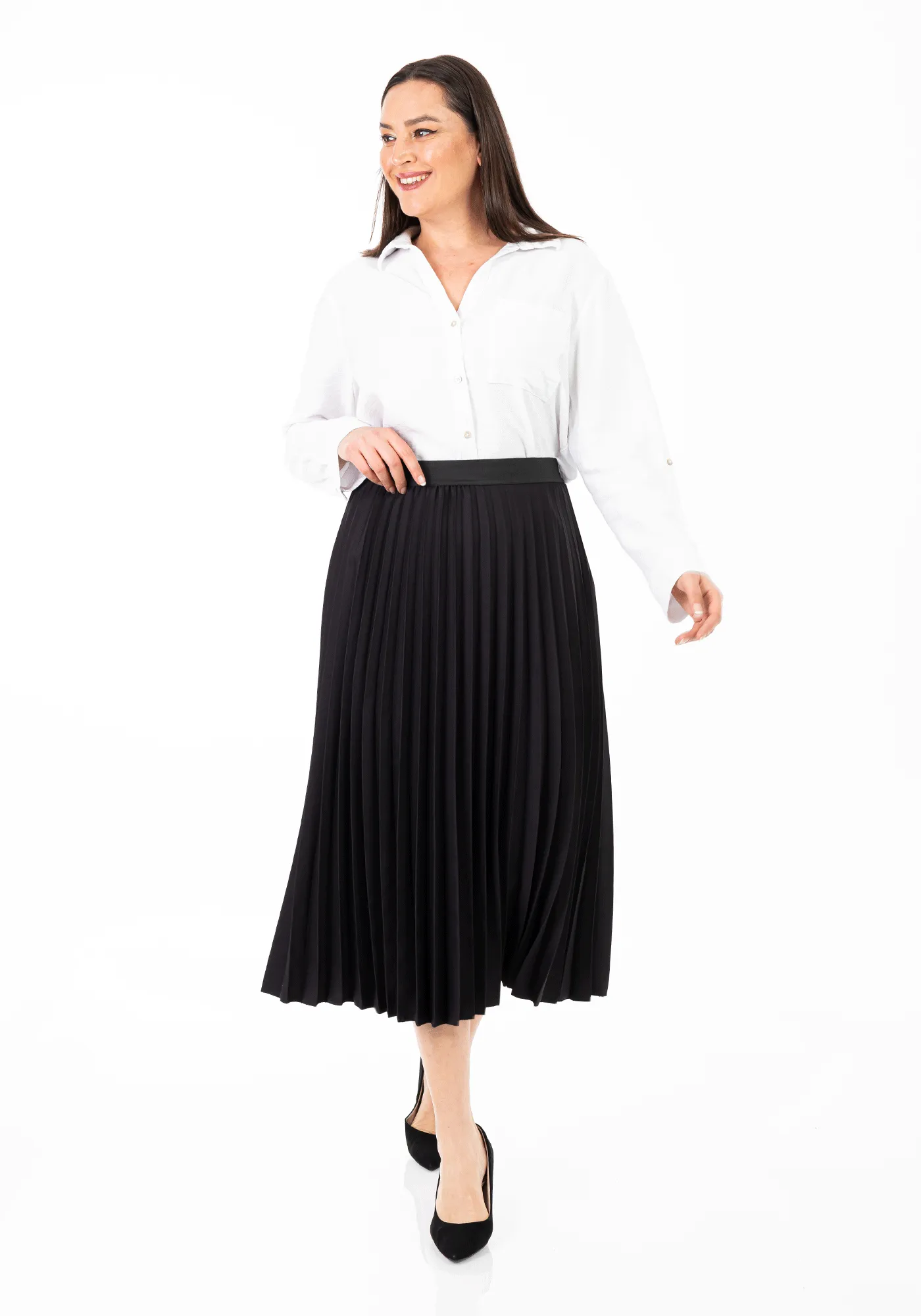 Black Oversized Accordion Plise Midi Pleated Skirt - G-Line