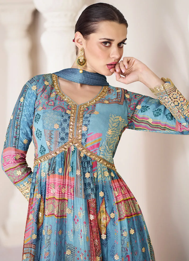 Blue Organza Silk Embroidery Printed Anarkali Suit