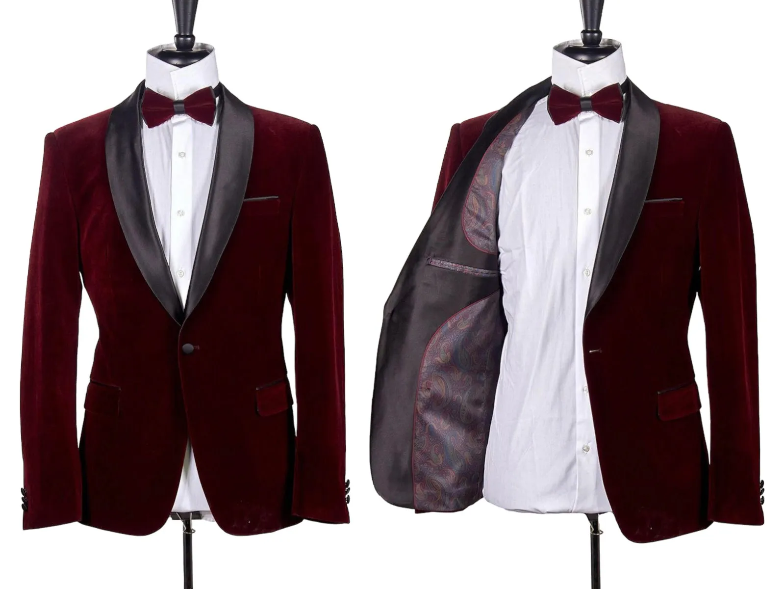 Burgundy Velvet Men's Blazer Shall Lapel Slim-Fit with Bowtie