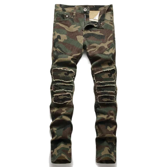 Camouflage Raglan Patch Slim Straight Jeans