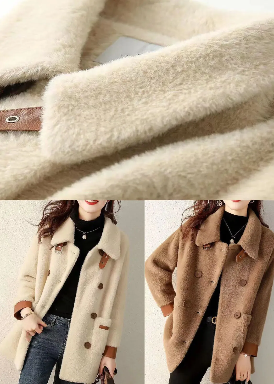 Coffee Pockets Patchwork Faux Fur Coat Peter Pan Collar Button Fall LY8326