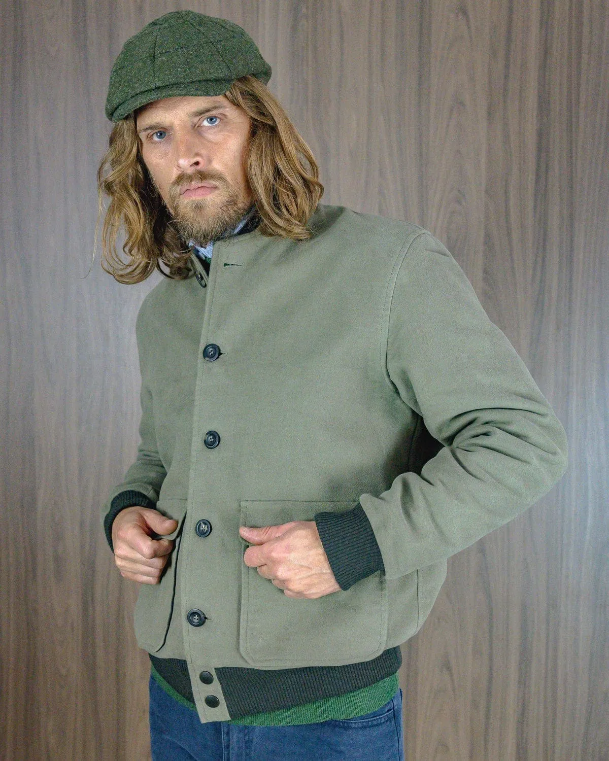 Dark Lovat Moleskin Bomber Jacket