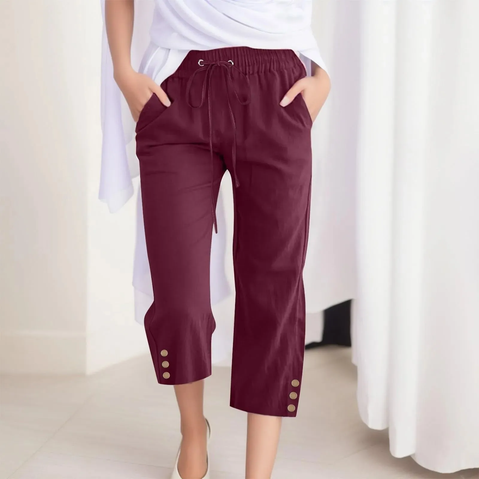 Drawstring Mid-Calf Cotton Linen Pants