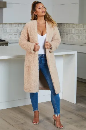 Dreamy Collarless Oversized Teddy Duster Coat in Sand