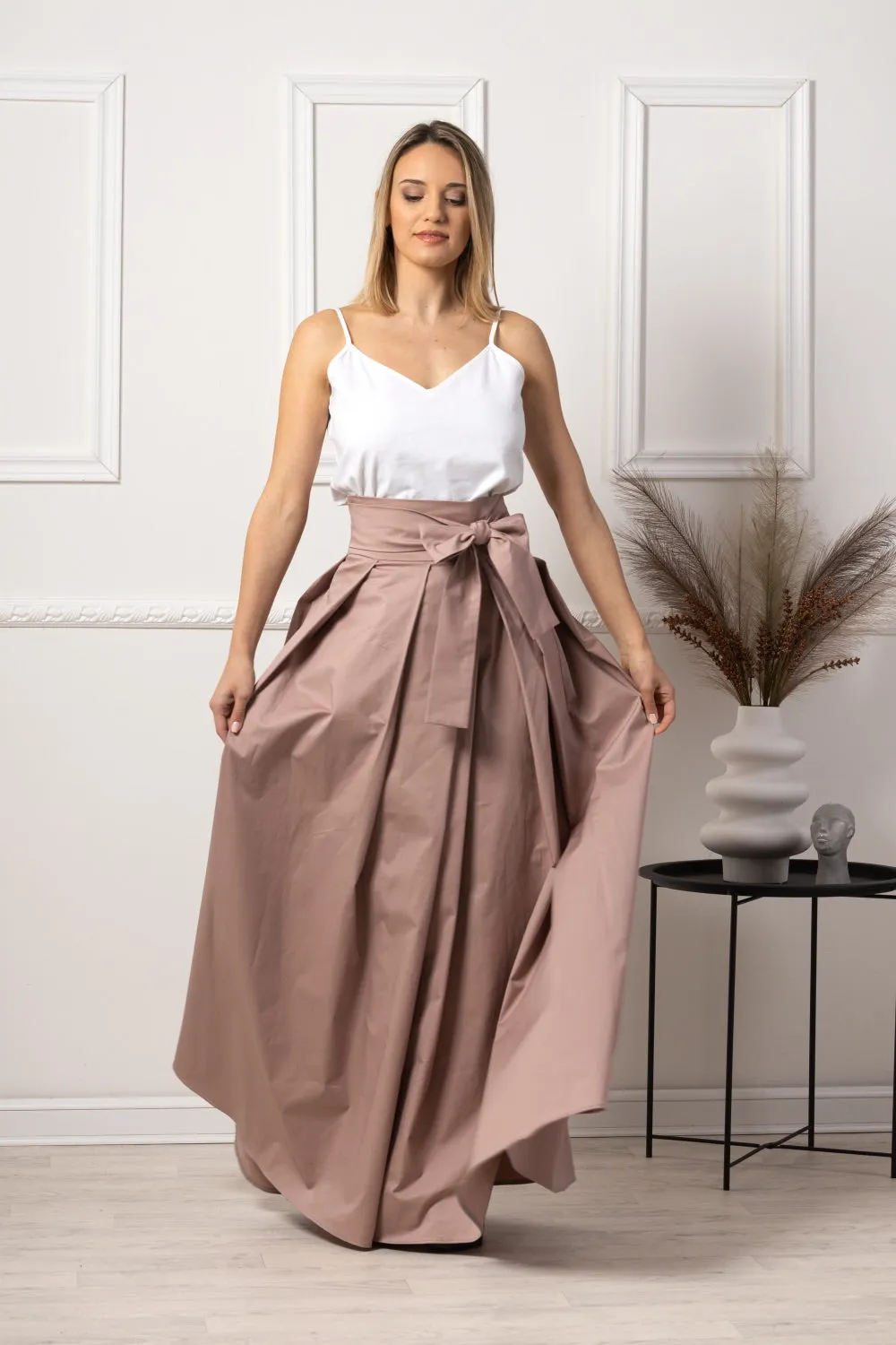 Dusty Rose High Waist Pleated Maxi Skirt