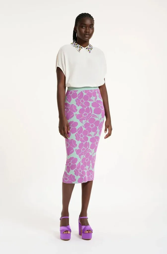 Essentiel Antwerp Diploma light blue and purple floral jacquard-knit midi Skirt