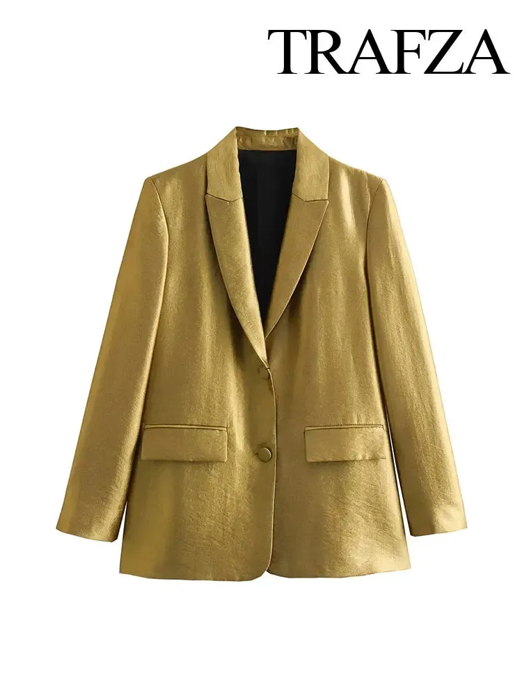 Gold Retro Long Sleeve Casual Blazer Tops