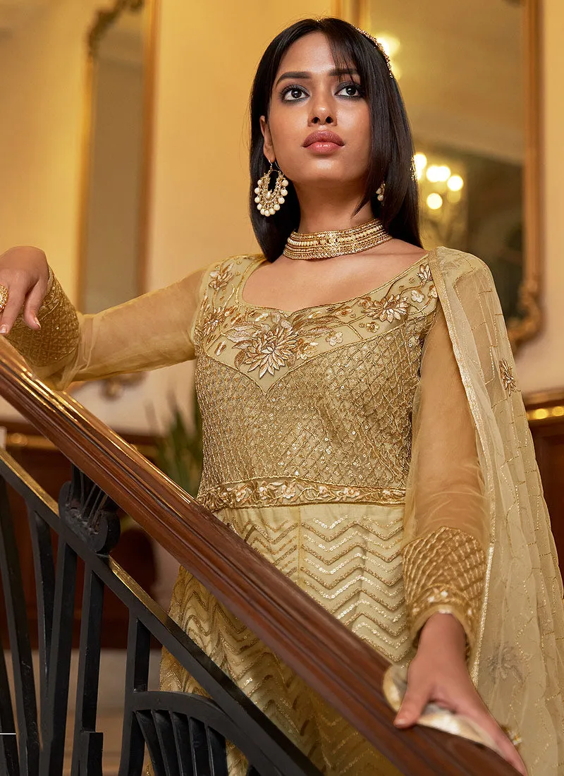 Golden Beige Embellished Anarkali Suit