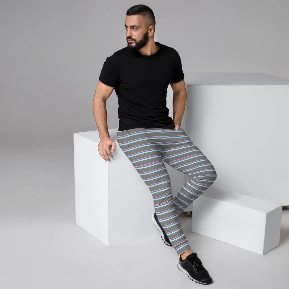 Grey Horizontal Striped Men's Joggers, Modern Stripes Sweatpants For Men- Made in EU/MX