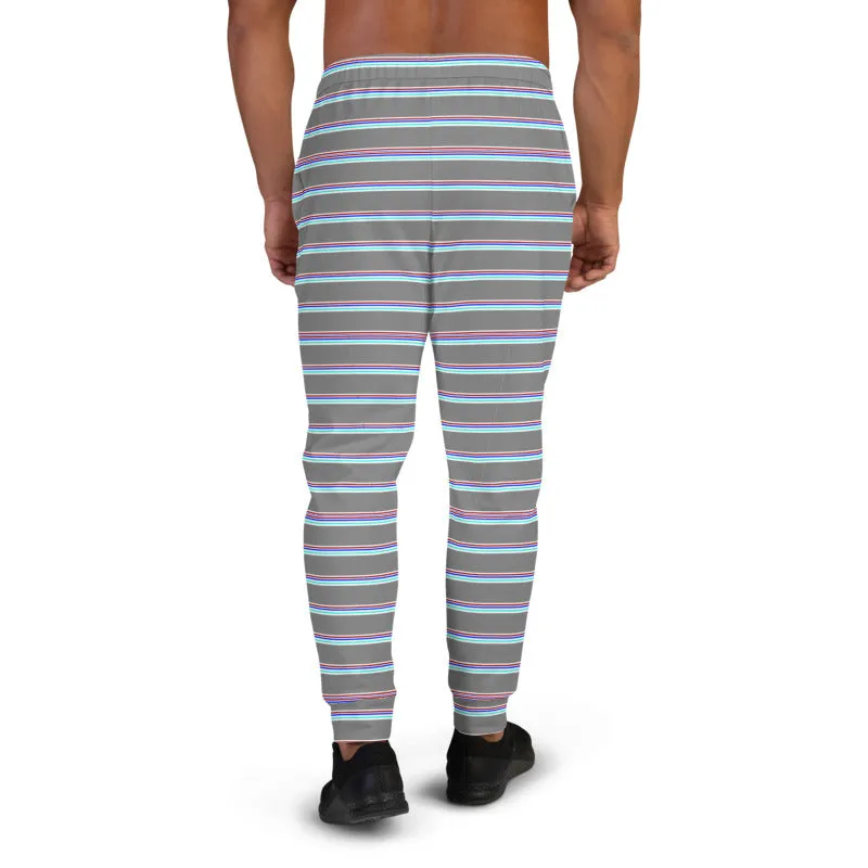 Grey Horizontal Striped Men's Joggers, Modern Stripes Sweatpants For Men- Made in EU/MX