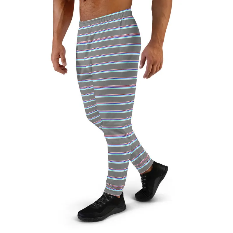 Grey Horizontal Striped Men's Joggers, Modern Stripes Sweatpants For Men- Made in EU/MX