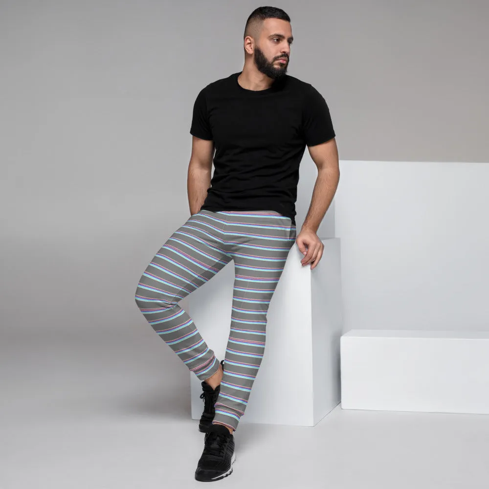 Grey Horizontal Striped Men's Joggers, Modern Stripes Sweatpants For Men- Made in EU/MX