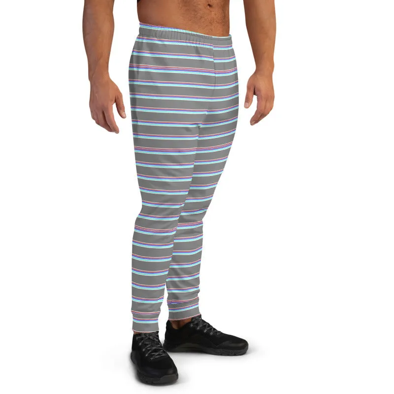 Grey Horizontal Striped Men's Joggers, Modern Stripes Sweatpants For Men- Made in EU/MX