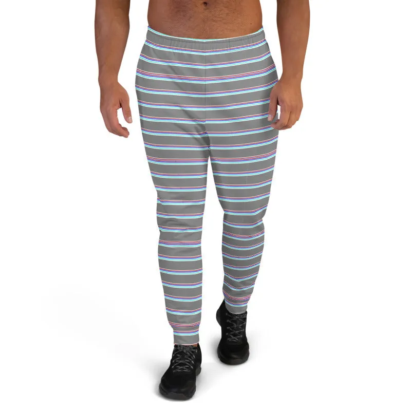 Grey Horizontal Striped Men's Joggers, Modern Stripes Sweatpants For Men- Made in EU/MX