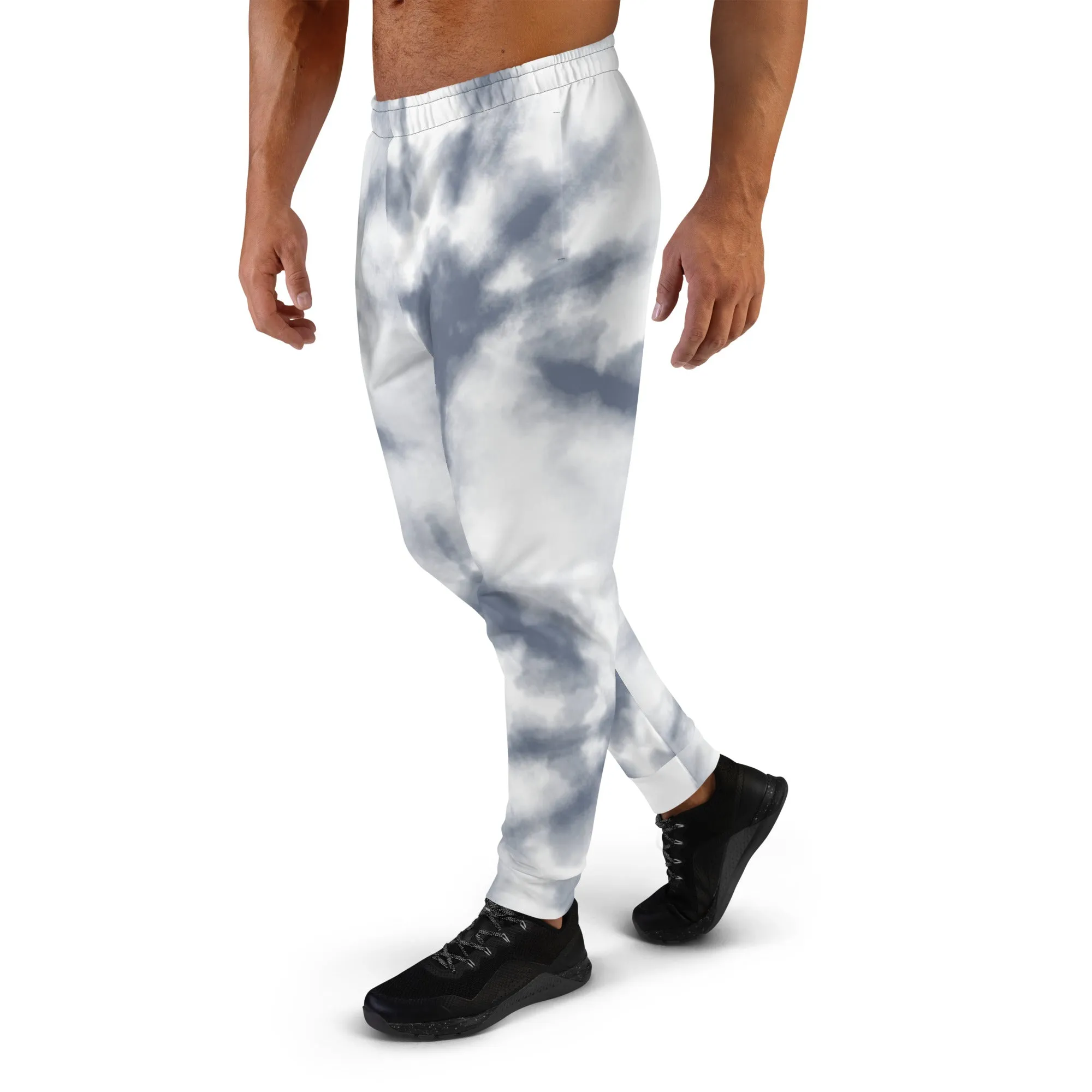 Grey White Abstract Men's Joggers, Tie Dye Designer Premium Sweatpants For Men - Made in USA/EU/MX