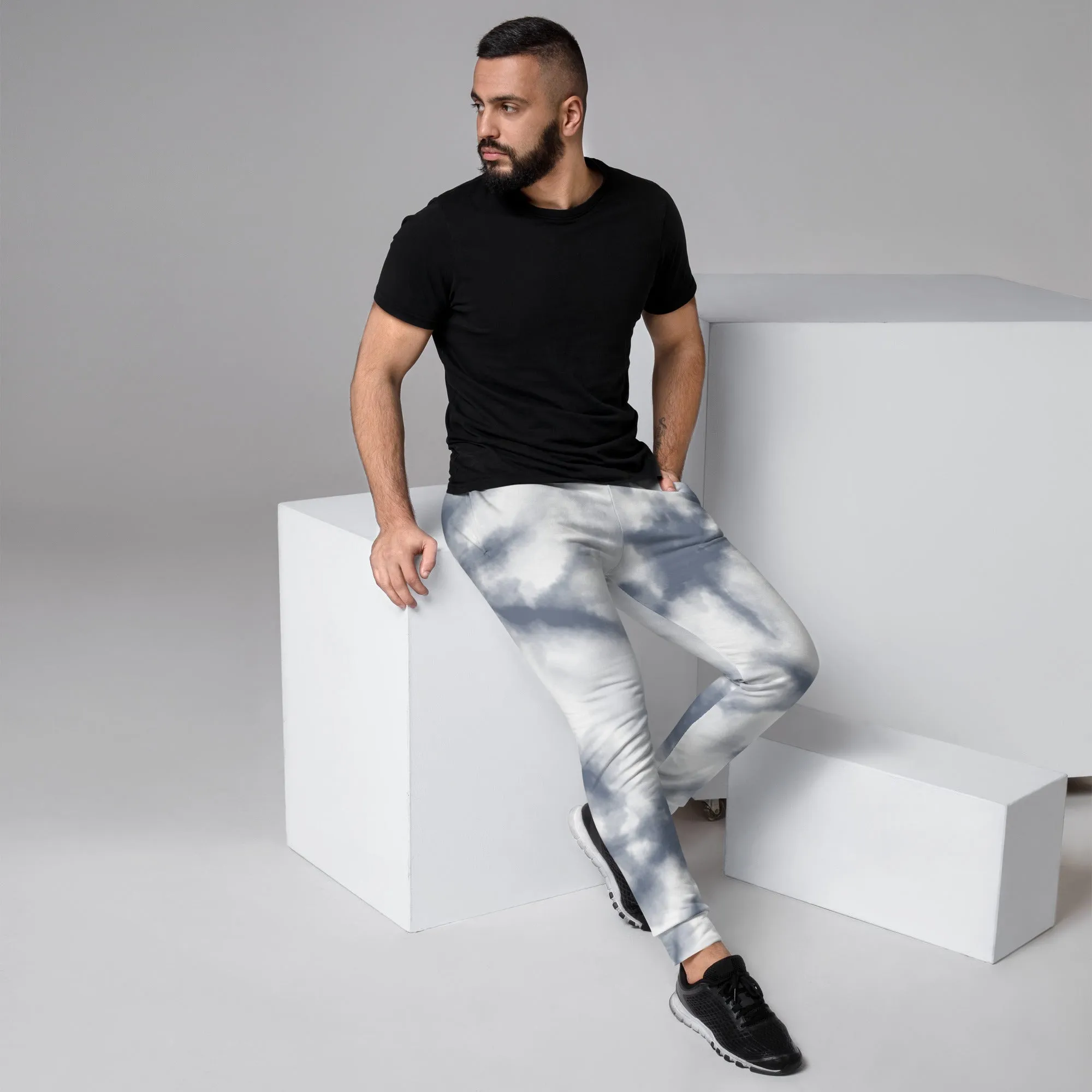 Grey White Abstract Men's Joggers, Tie Dye Designer Premium Sweatpants For Men - Made in USA/EU/MX