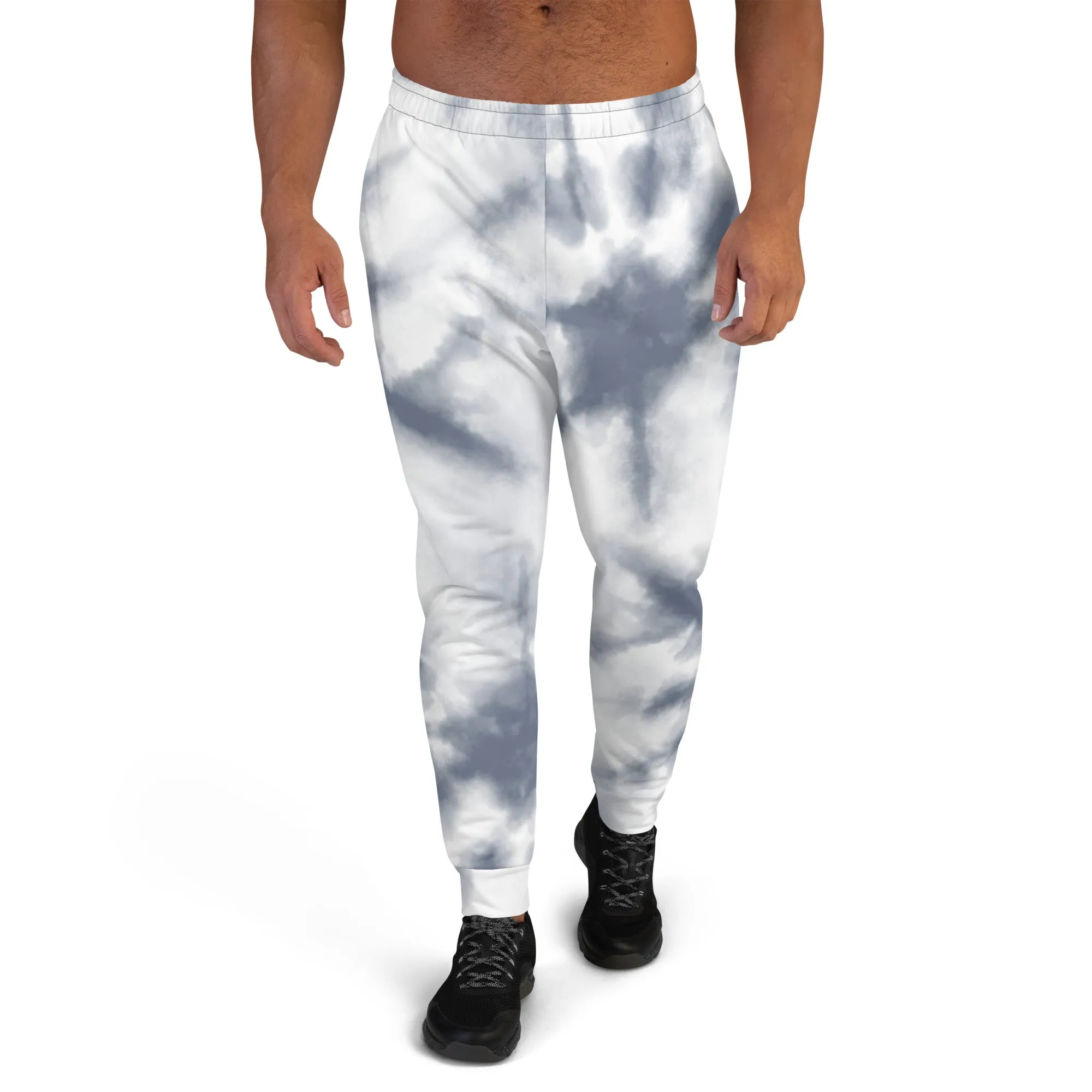 Grey White Abstract Men's Joggers, Tie Dye Designer Premium Sweatpants For Men - Made in USA/EU/MX