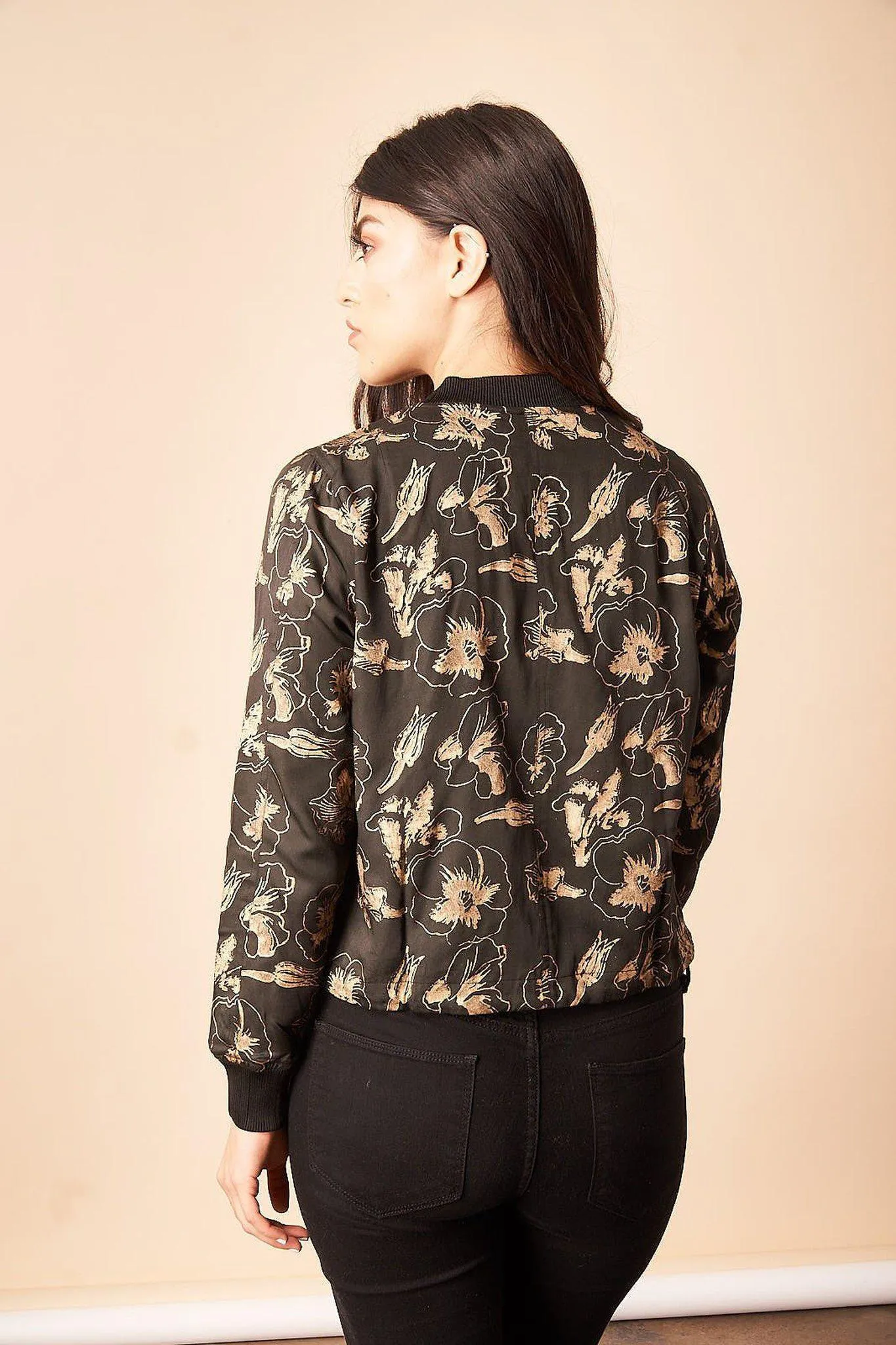 Hibiscus Flower Bomber Jacket in Black   Gold