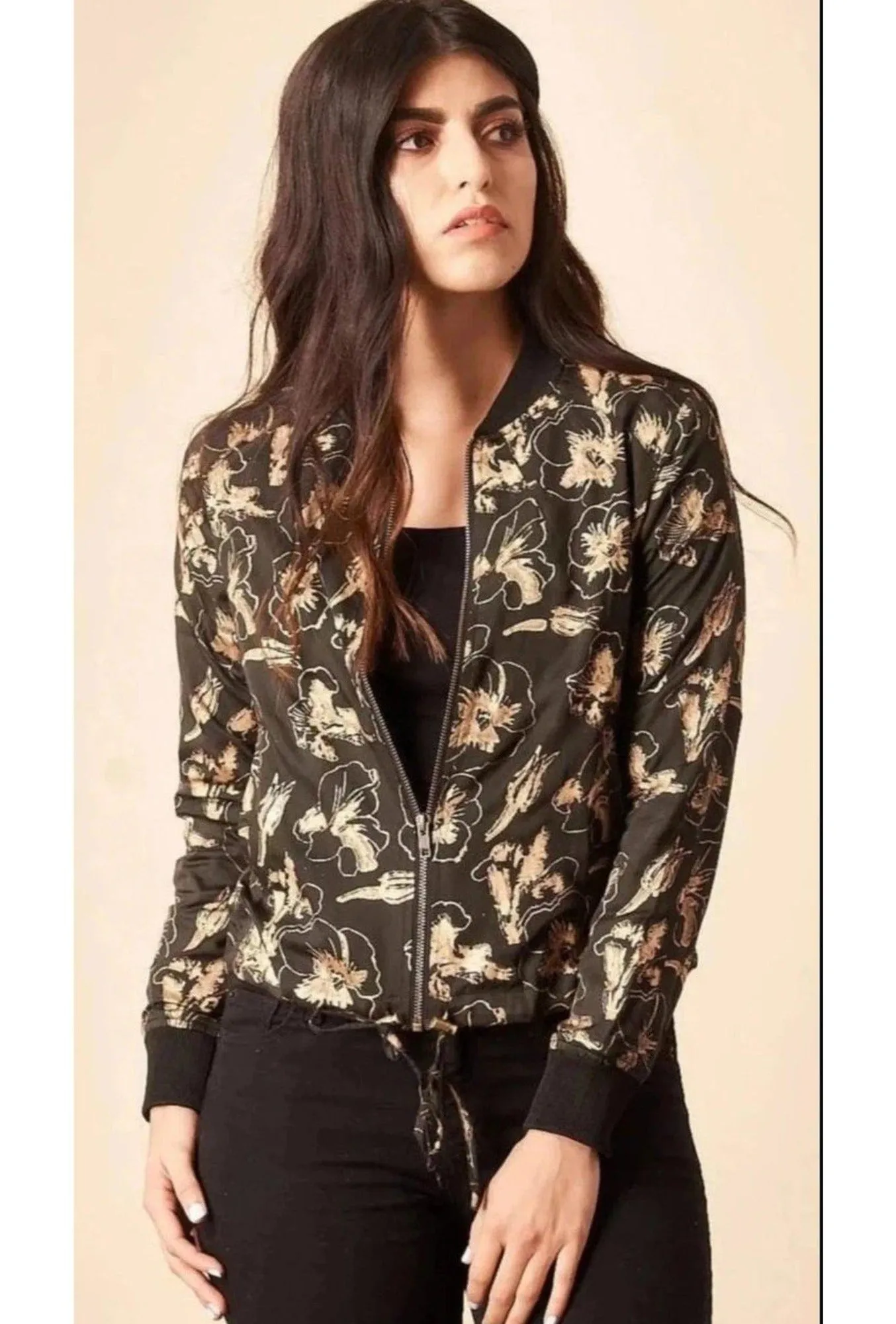 Hibiscus Flower Bomber Jacket in Black   Gold