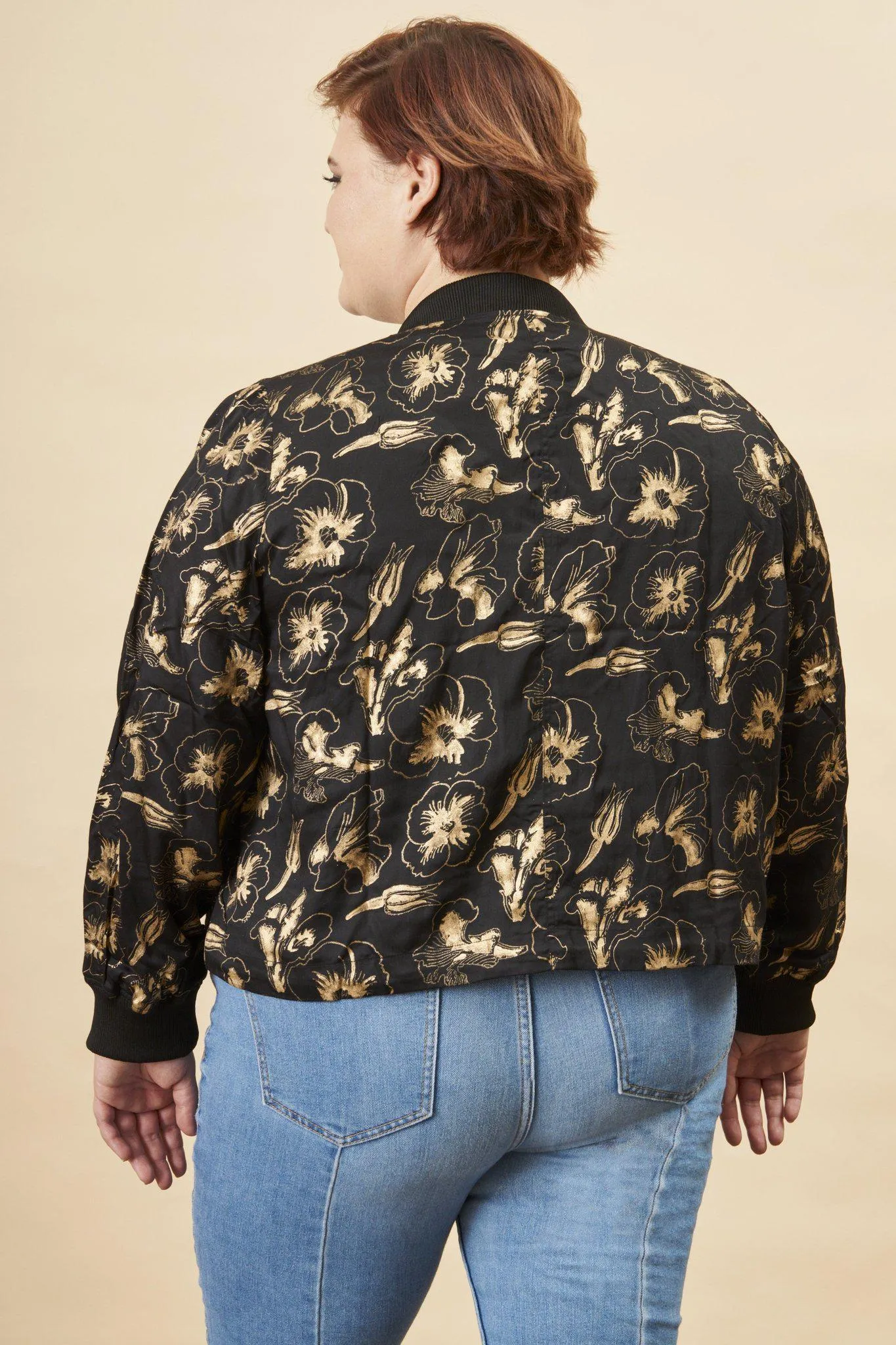 Hibiscus Flower Bomber Jacket in Black   Gold