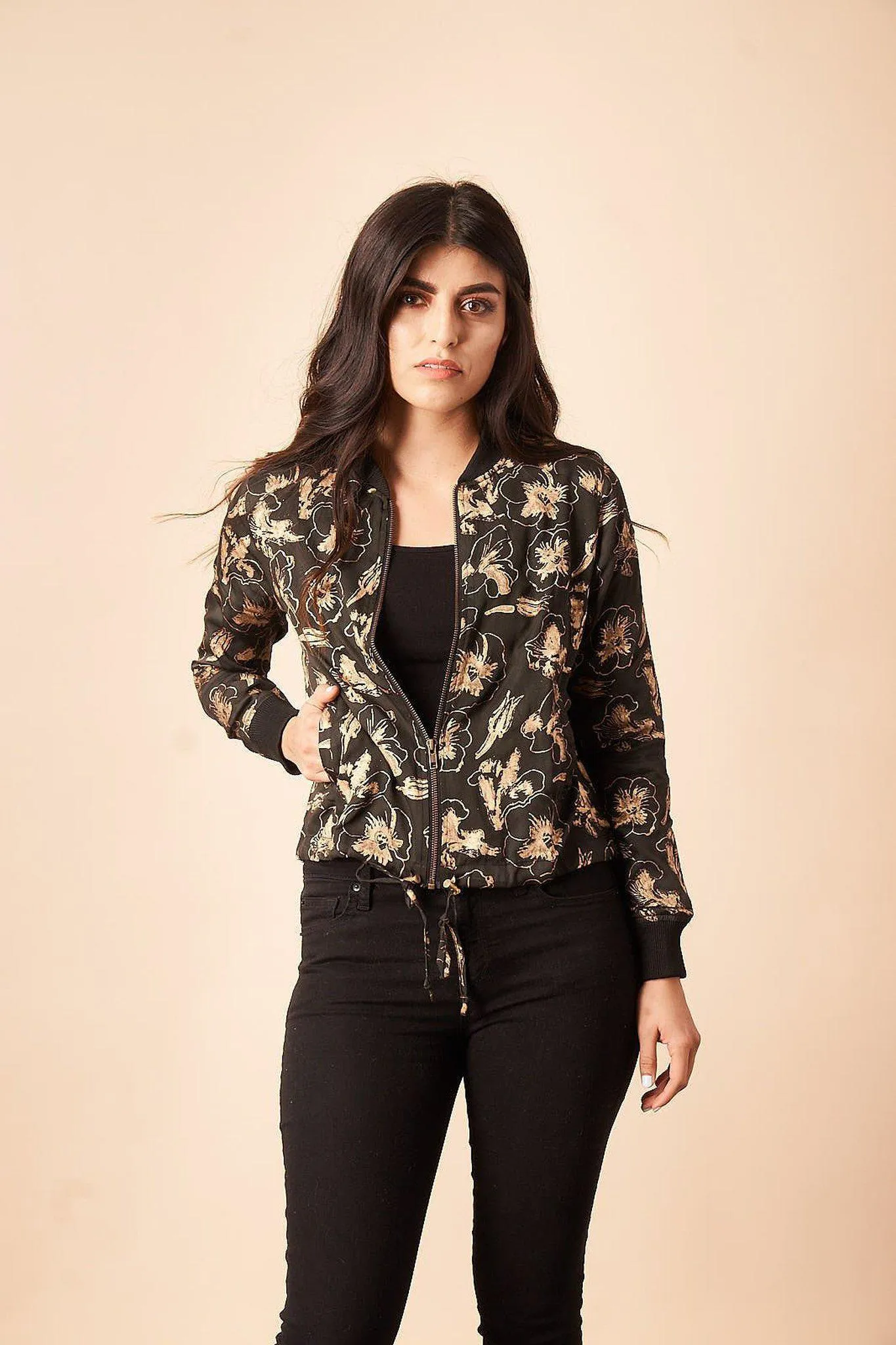 Hibiscus Flower Bomber Jacket in Black   Gold