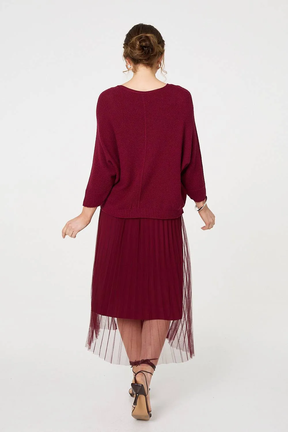 Layered Knit Top Mesh Pleated Midi Dress