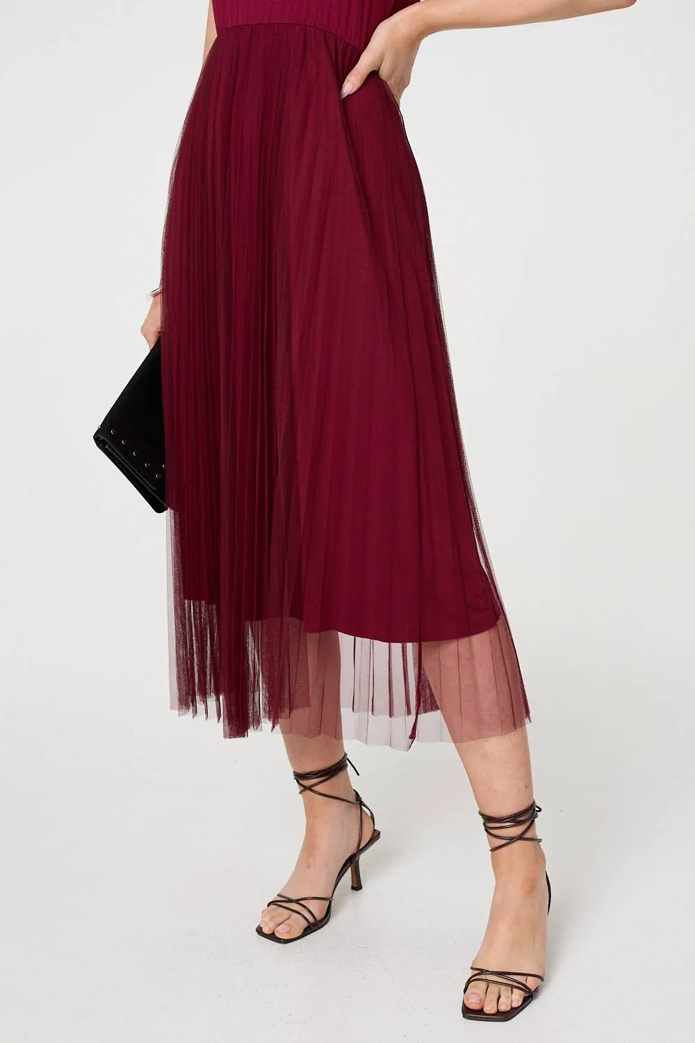 Layered Knit Top Mesh Pleated Midi Dress