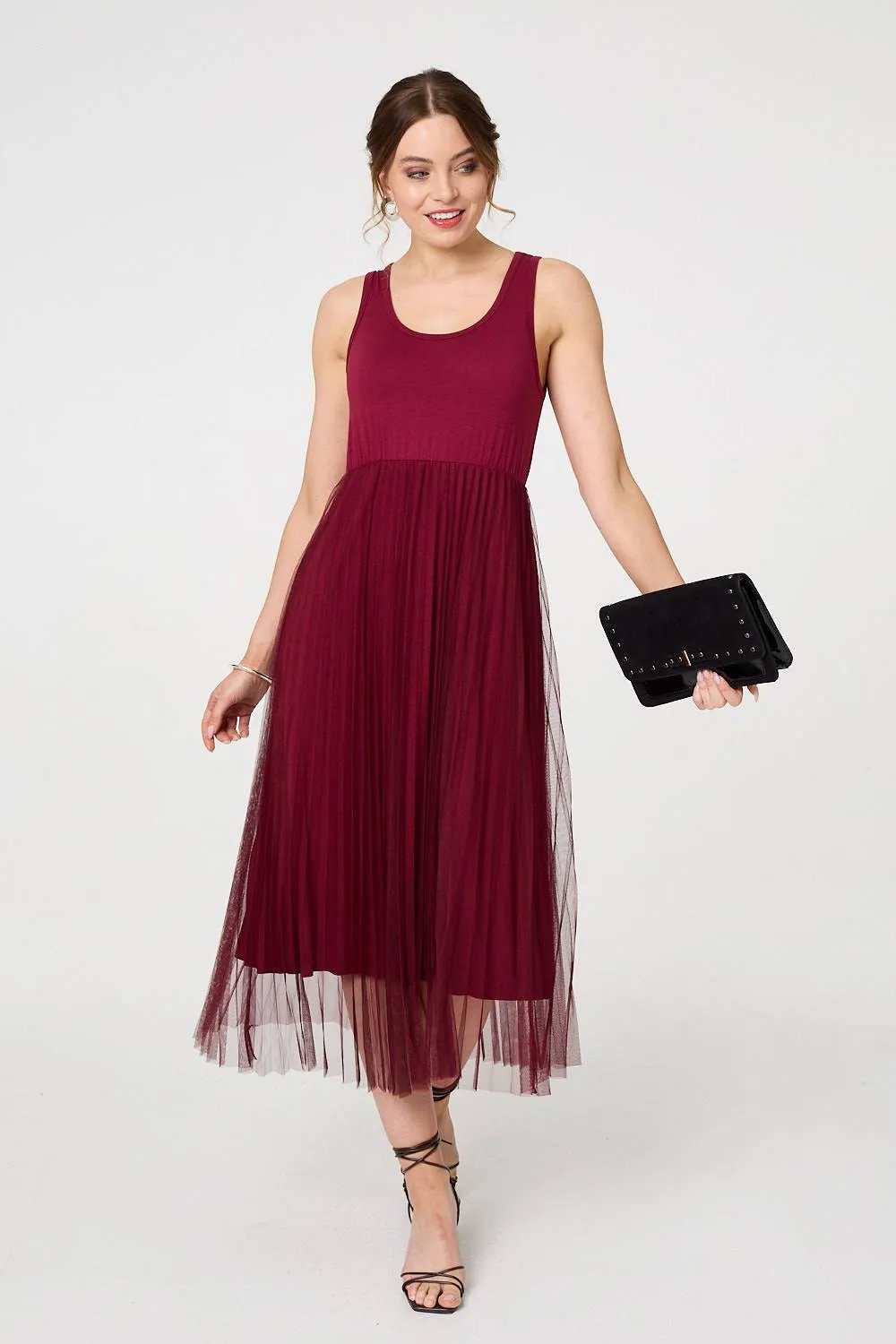 Layered Knit Top Mesh Pleated Midi Dress