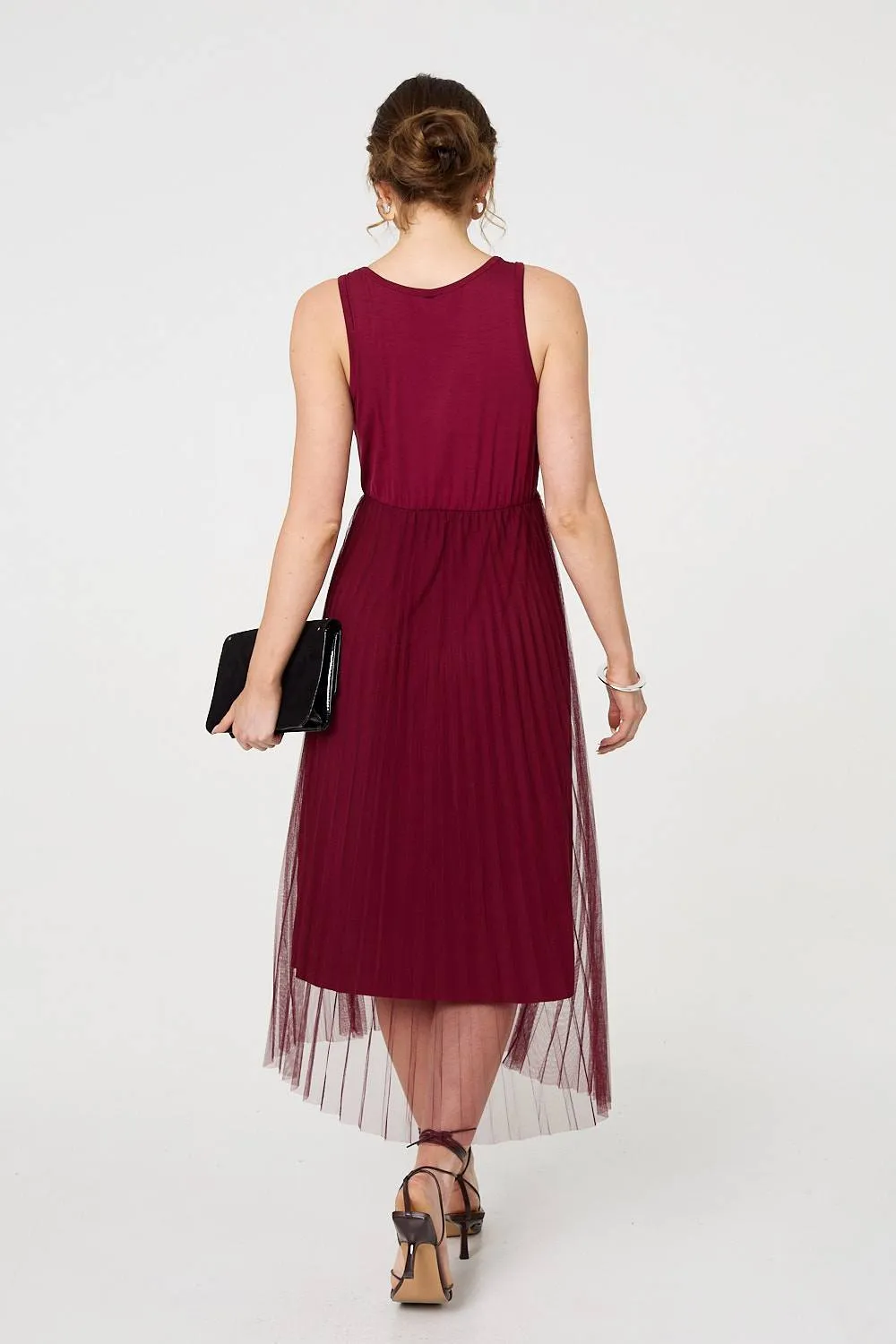 Layered Knit Top Mesh Pleated Midi Dress