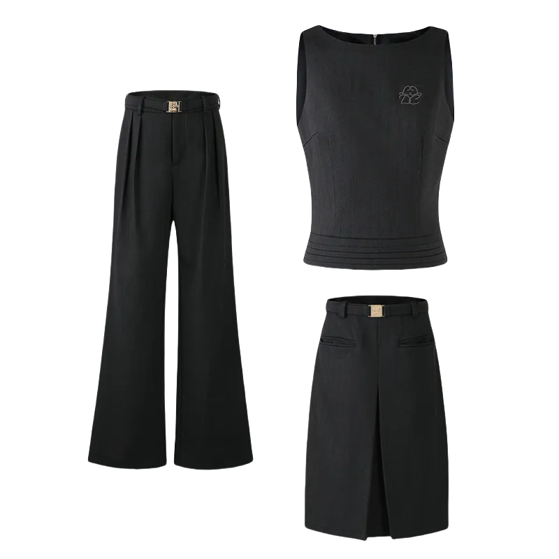 LLDC Minimalist Suit Vest & Gold Buckle Belt Skirt & Pants