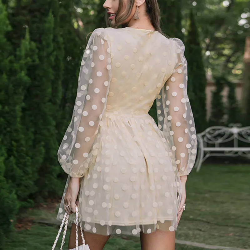 Long Sleeves Polka Dots Chiffon Short Skirt, Ocassion Dresses, Party Dresses, Ocassion Wear