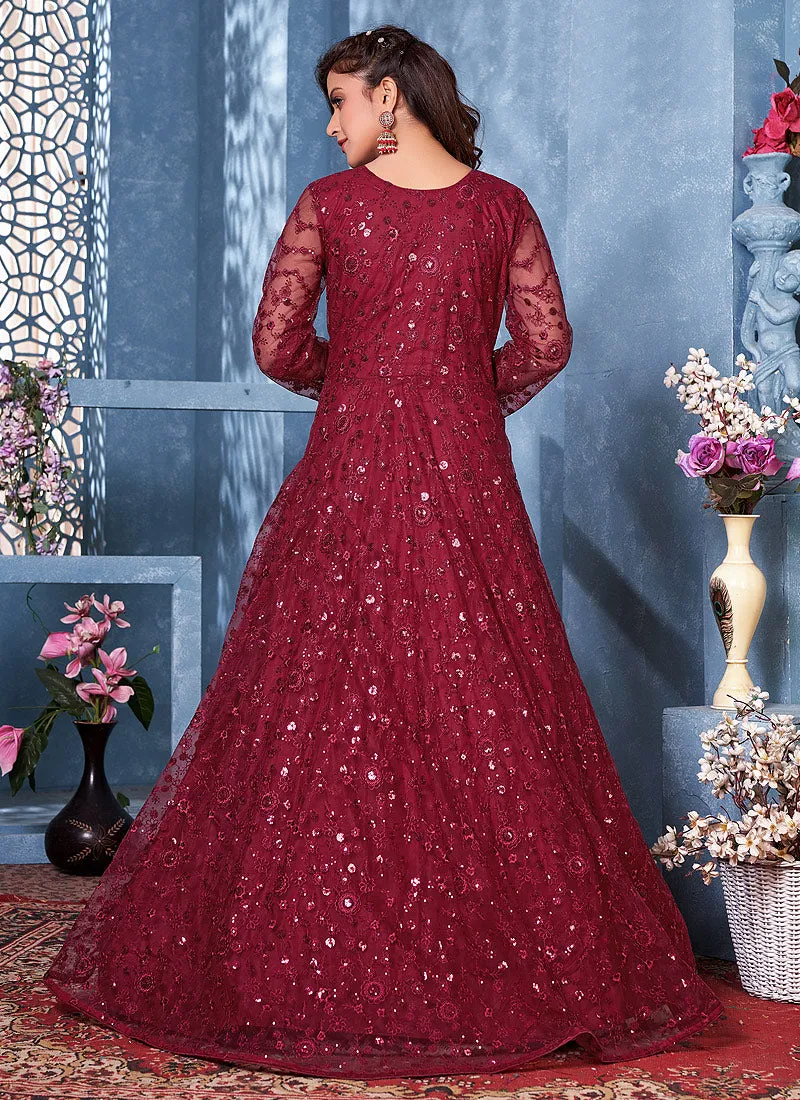 Maroon Net Anarkali Suit