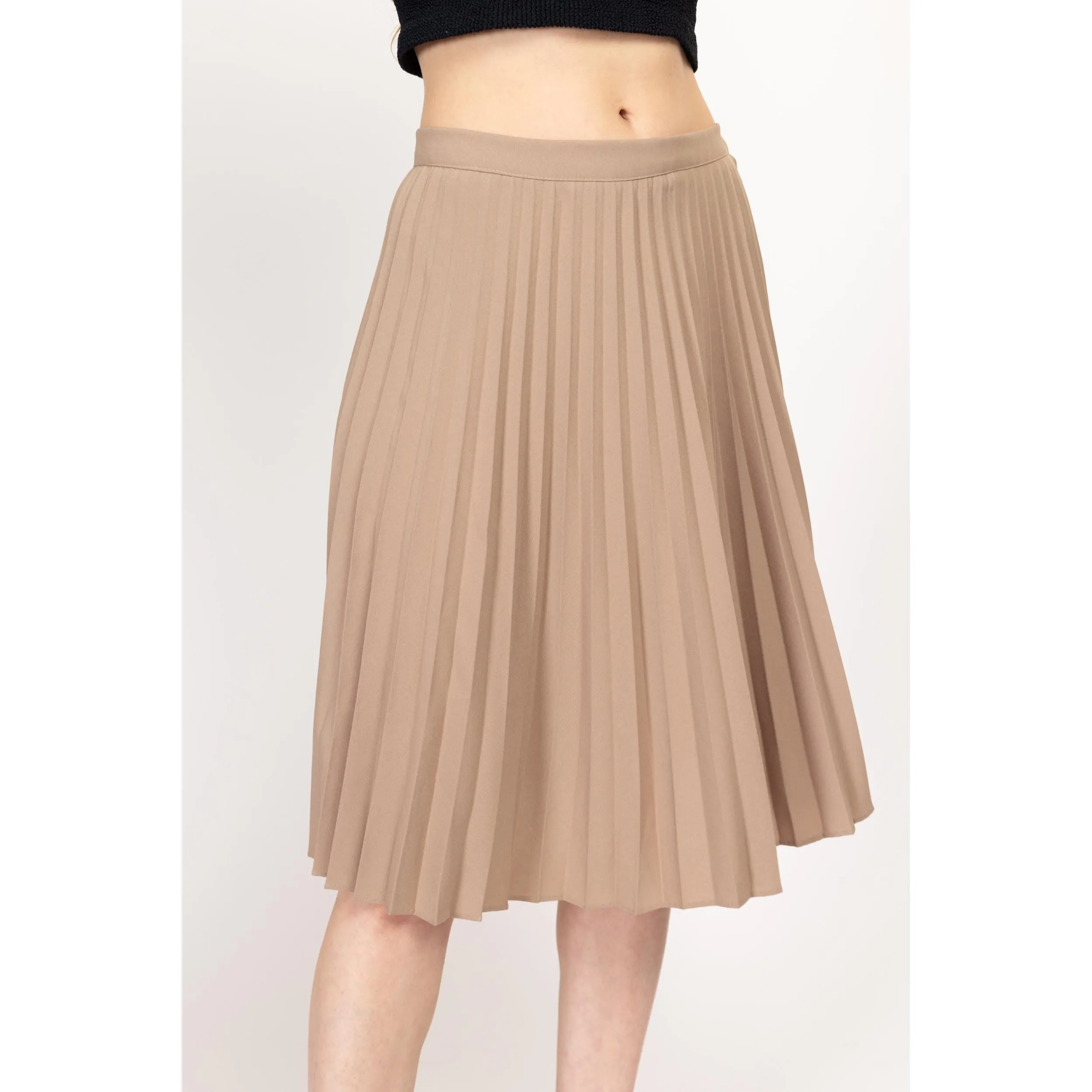 Medium 70s Khaki Accordion Pleat Midi Skirt 29"