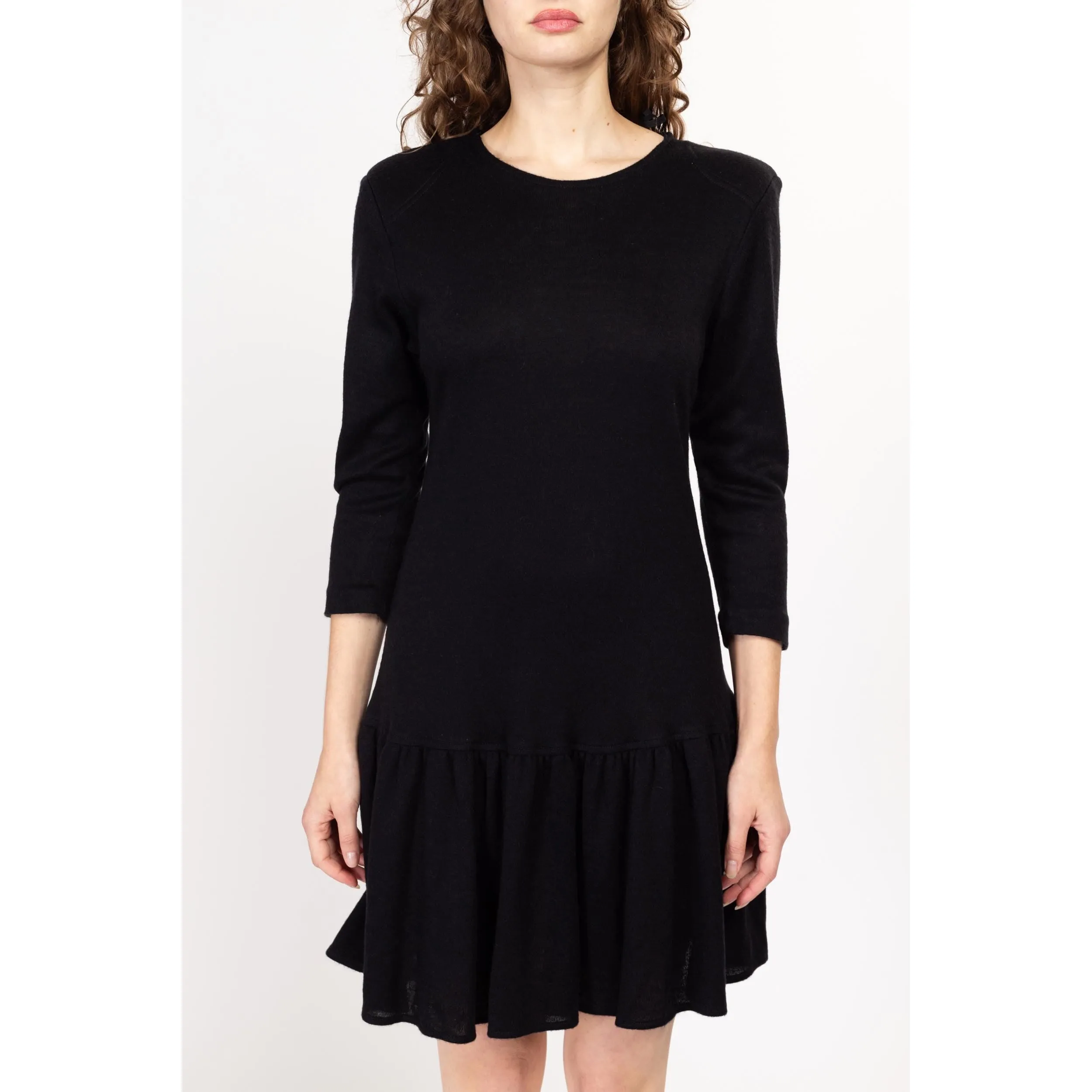 Medium 80s Black Knit Drop Waist Mini Dress