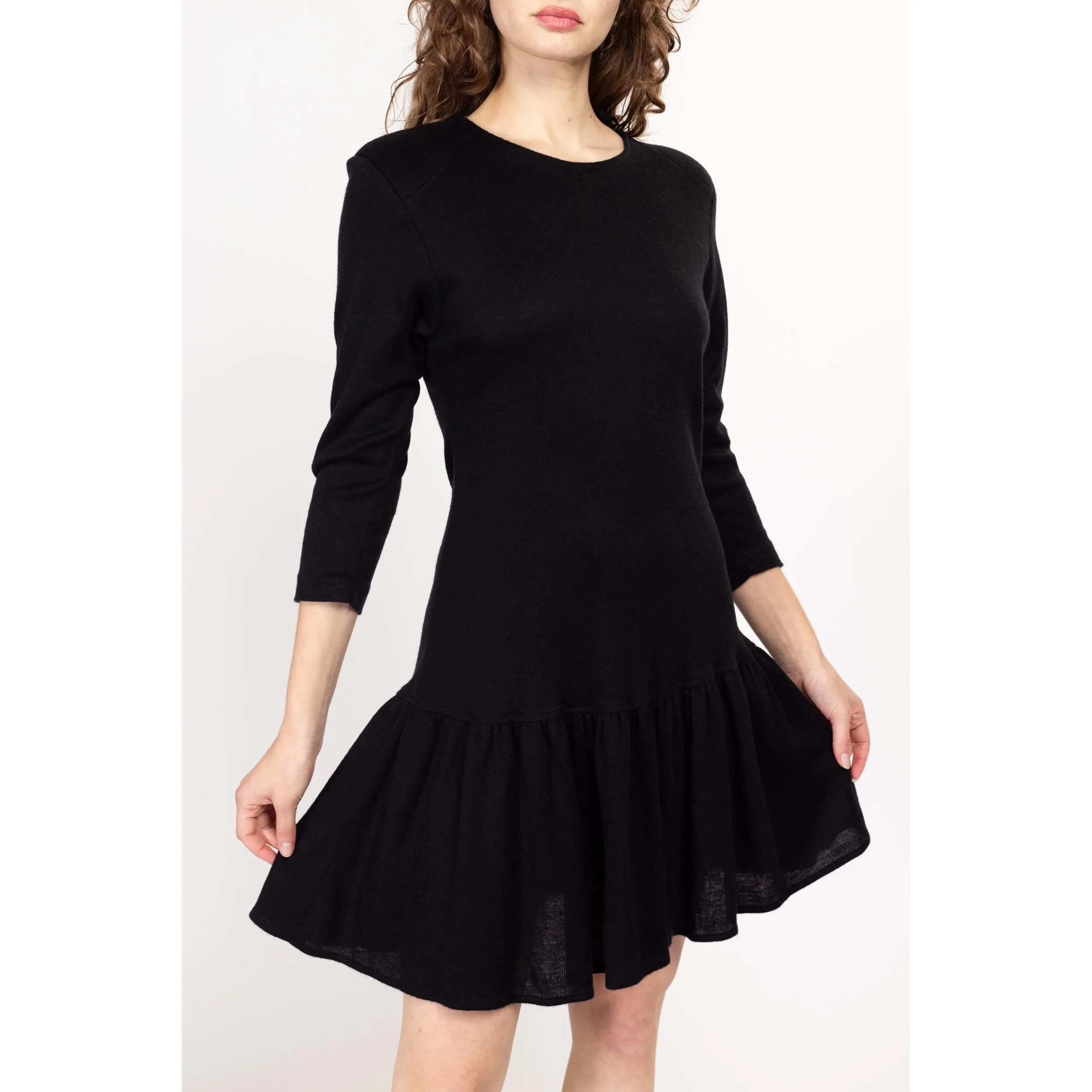 Medium 80s Black Knit Drop Waist Mini Dress