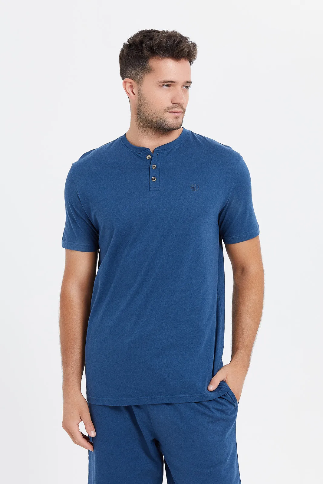 Men Blue Henley Pyjama Set (2 Piece)