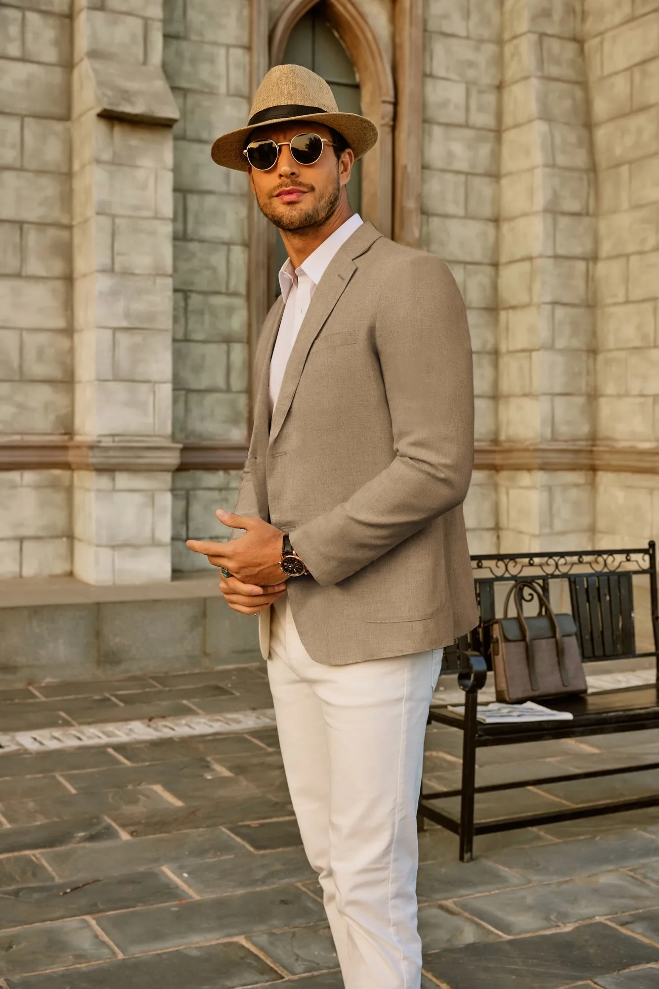 Men's Casual Slim Fit Linen Jacket Lightweight two Buttons Blazer Sport Coat